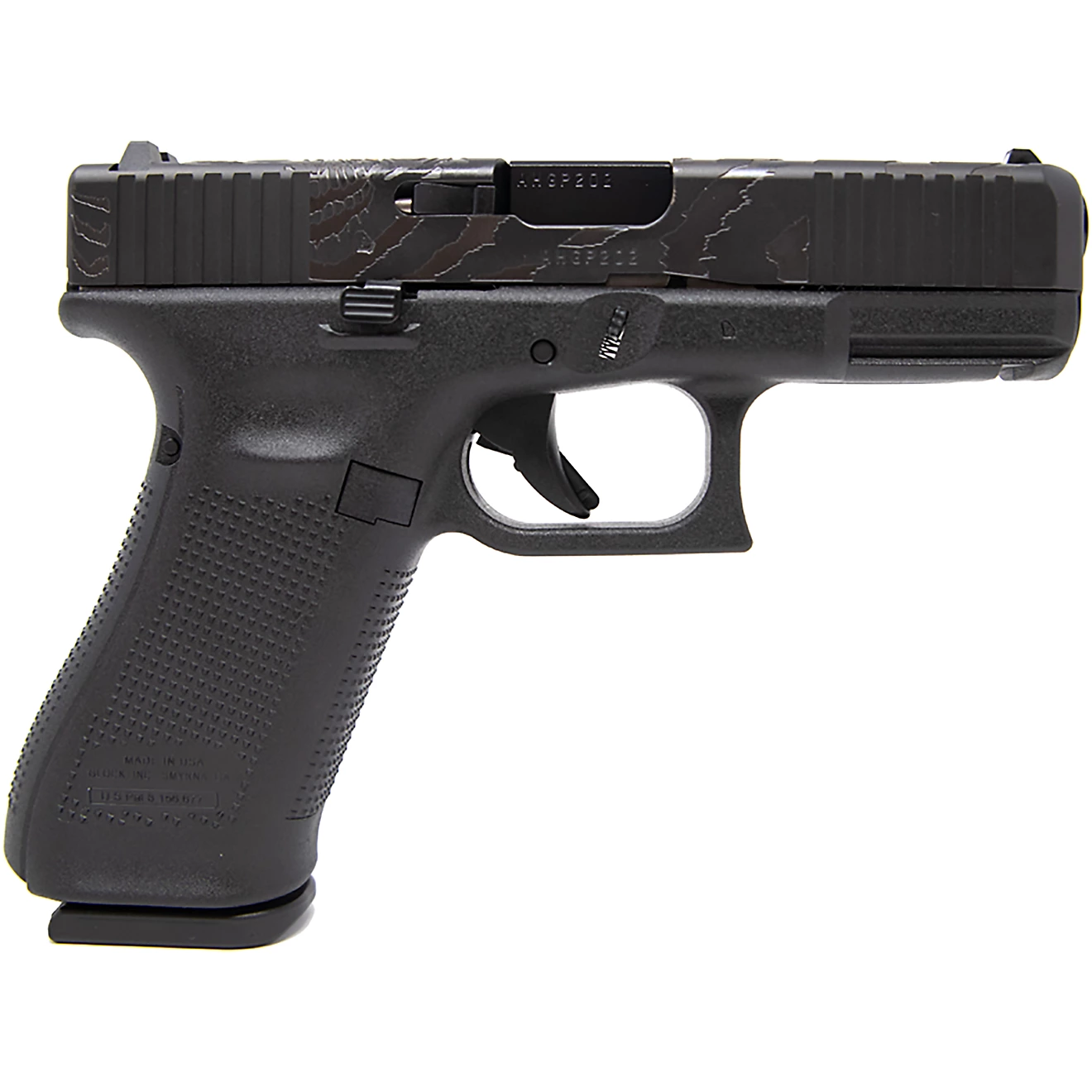 GLOCK 45 Gen5 9mm semi-automatic pistol featuring a custom Tiger Engraving slide, polymer frame, Glock Marksman Barrel, fixed sights, and high-capacity magazine.