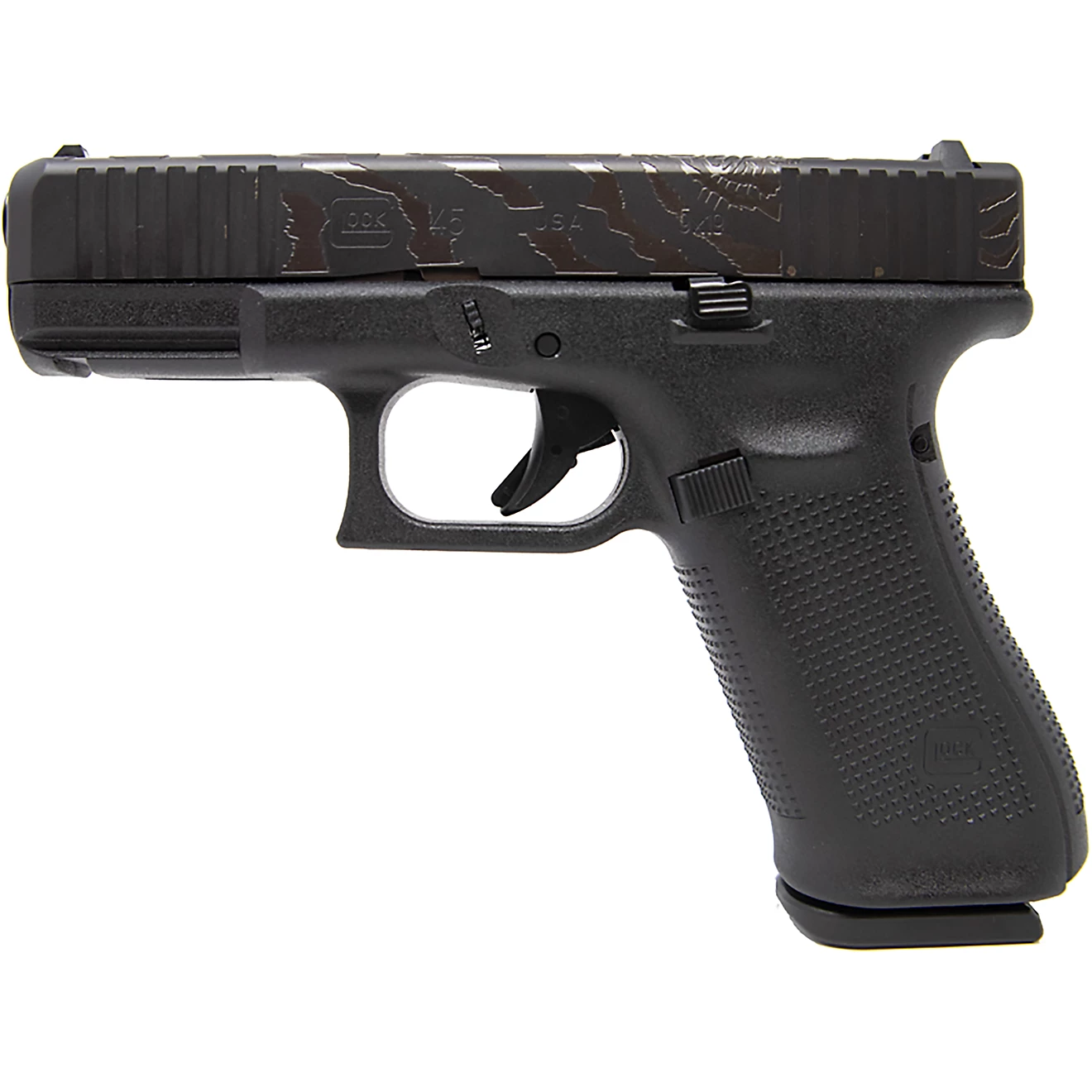 GLOCK 45 Gen5 9mm semi-automatic pistol featuring a custom Tiger Engraving slide, polymer frame, Glock Marksman Barrel, fixed sights, and high-capacity magazine.