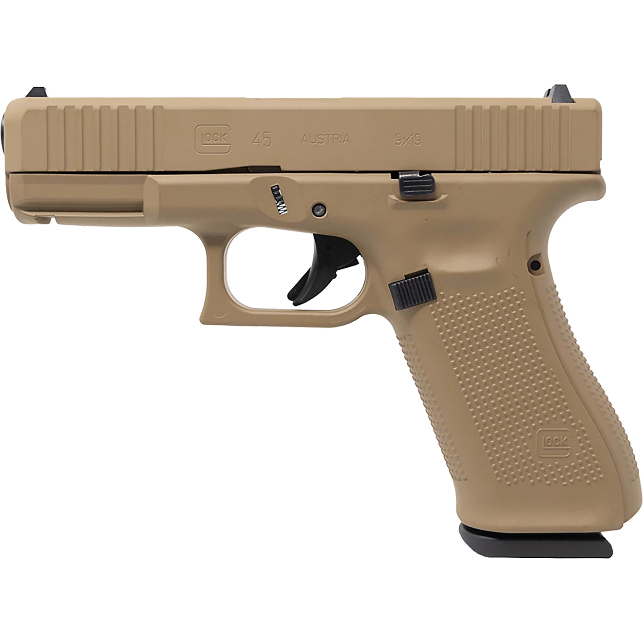 GLOCK 45 9mm Striker-Fired Pistol with Flat Dark Earth polymer frame and compact slide.
