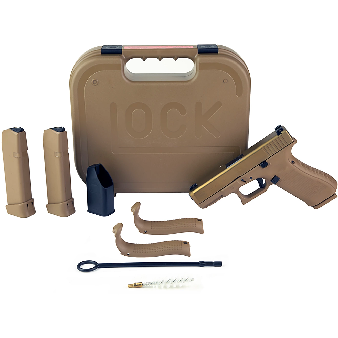 GLOCK 19XV 9mm Pistol package with factory Glock hard case, two 17-round magazines, magazine loader, interchangeable backstraps, cleaning rod, and cleaning brush.