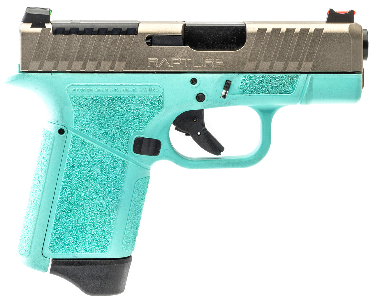 GForce Arms Rapture Robin Egg Blue 9mm optics-ready pistol with a nickel optic-cut slide, Robin Egg Blue Cerakote frame, and 12-round magazine.
