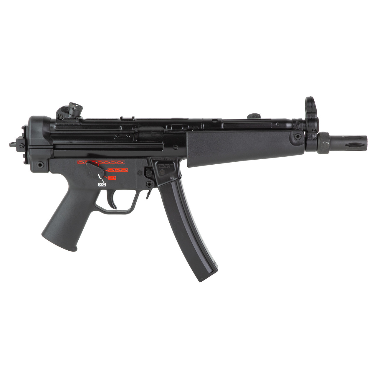 Century Arms AP5 Navy 9mm semi-automatic pistol with 8.5-inch threaded barrel, flash hider, Navy-style grip, and black manganese phosphate finish.