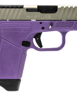 GForce Arms Rapture Purple 9mm optics-ready pistol with a nickel optic-cut slide, Purple Cerakote frame, and 12-round magazine.