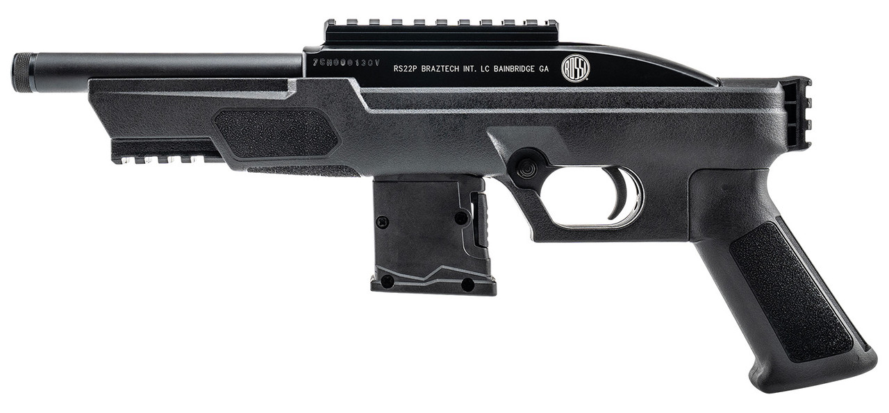 Rossi RS22 Compact semi-automatic .22 LR tactical pistol featuring a 6-inch threaded barrel, AR-style grip, Picatinny rail, manual safety, and 10-round magazine.