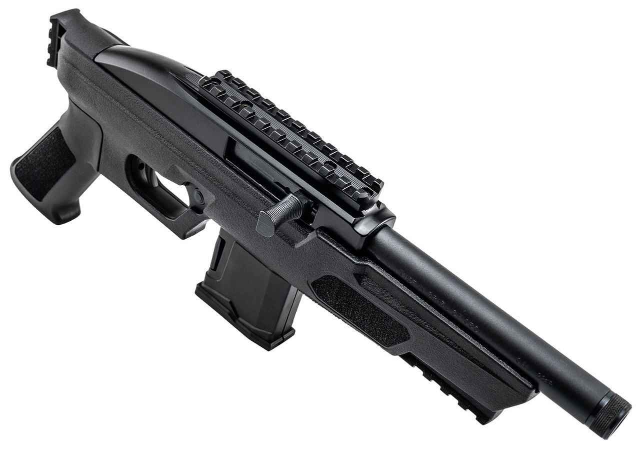 Rossi RS22 Compact semi-automatic .22 LR tactical pistol featuring a 6-inch threaded barrel, AR-style grip, Picatinny rail, manual safety, and 10-round magazine.