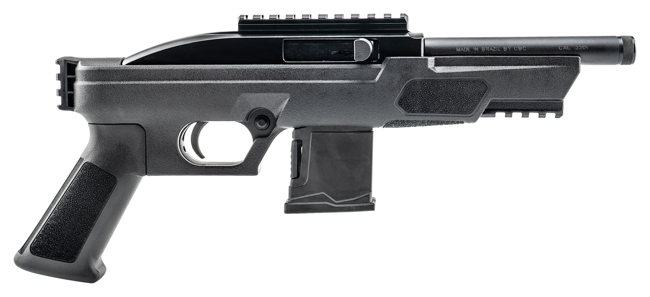 Rossi RS22 Compact semi-automatic .22 LR tactical pistol featuring a 6-inch threaded barrel, AR-style grip, Picatinny rail, manual safety, and 10-round magazine.