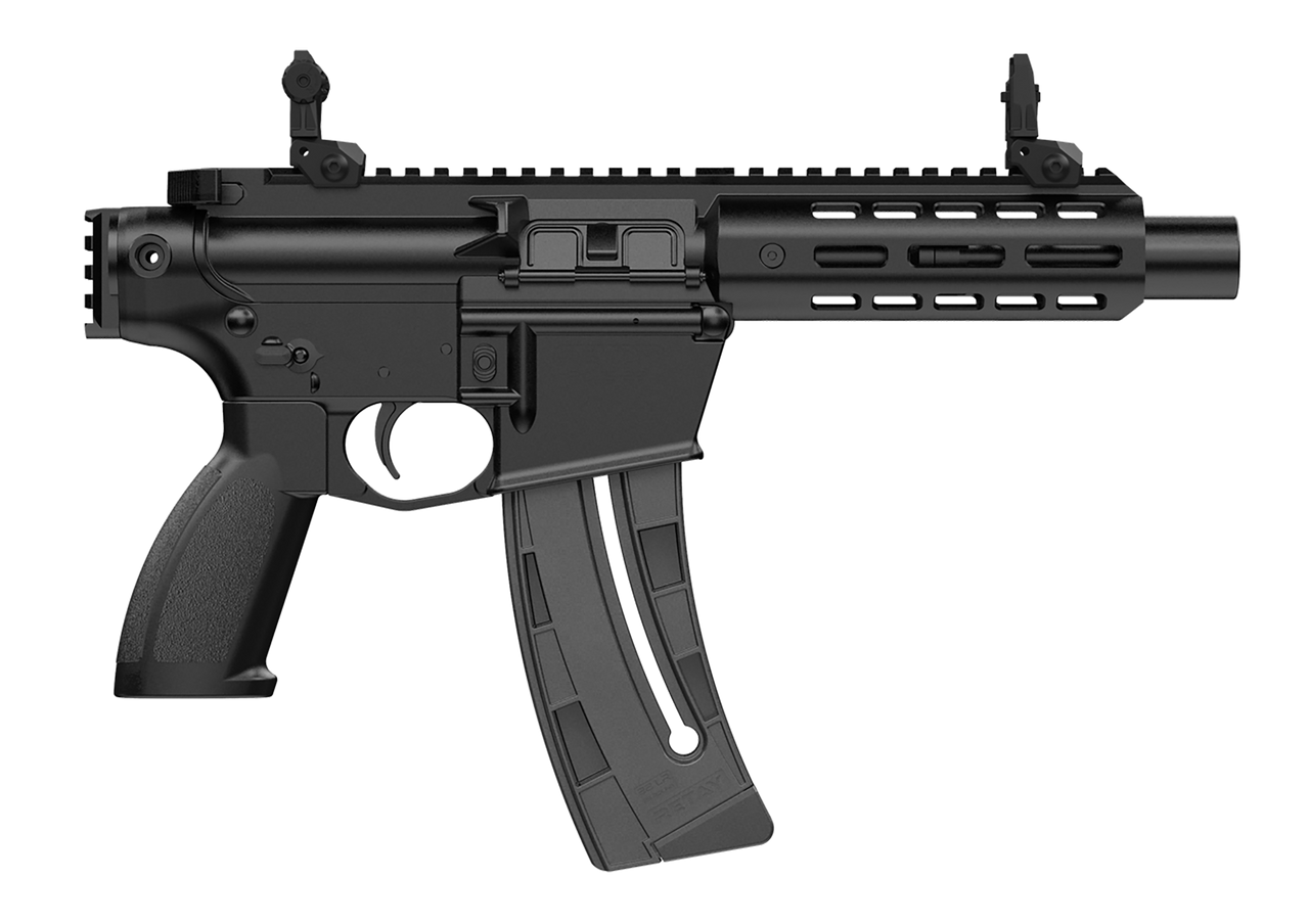 Retay RA15-22 semi-automatic AR-style pistol chambered in .22 LR featuring an 8-inch barrel, stabilizing brace, flip-up sights, polymer grip, Picatinny rail, and 25-round magazine.
