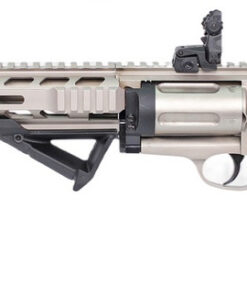 Iver Johnson 1000 tactical revolver shotgun chambered in .410 Bore featuring a 20-inch barrel, nickel receiver, M-LOK handguard, Picatinny rail, adjustable stock, and flip-up sights.