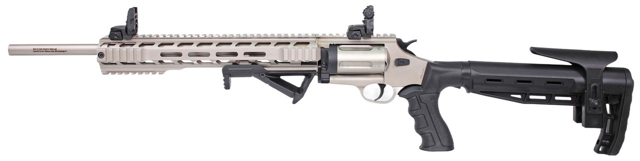 Iver Johnson 1000 tactical revolver shotgun chambered in .410 Bore featuring a 20-inch barrel, nickel receiver, M-LOK handguard, Picatinny rail, adjustable stock, and flip-up sights.
