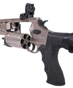Iver Johnson 1000 tactical revolver shotgun chambered in .410 Bore featuring a 20-inch barrel, nickel receiver, M-LOK handguard, Picatinny rail, adjustable stock, and flip-up sights.