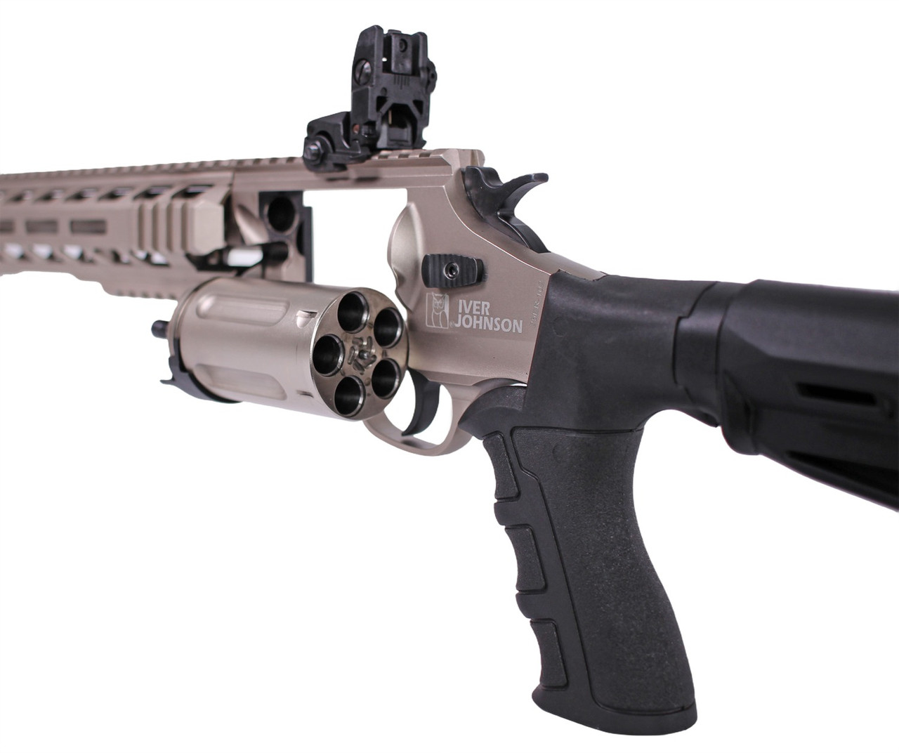 Iver Johnson 1000 tactical revolver shotgun chambered in .410 Bore featuring a 20-inch barrel, nickel receiver, M-LOK handguard, Picatinny rail, adjustable stock, and flip-up sights.