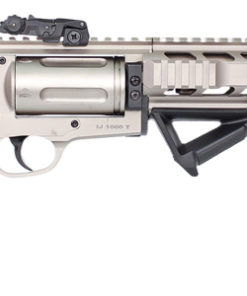 Iver Johnson 1000 tactical revolver shotgun chambered in .410 Bore featuring a 20-inch barrel, nickel receiver, M-LOK handguard, Picatinny rail, adjustable stock, and flip-up sights.