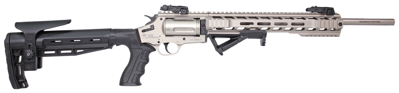 Iver Johnson 1000 tactical revolver shotgun chambered in .410 Bore featuring a 20-inch barrel, nickel receiver, M-LOK handguard, Picatinny rail, adjustable stock, and flip-up sights.