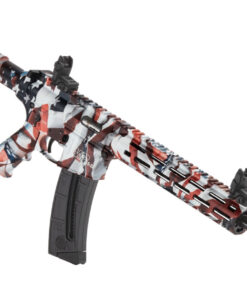 Smith & Wesson M&P15-22 Sport .22 LR rifle with a 16.5-inch threaded carbon steel barrel, American Flag Cerakote finish, CAR stock, Picatinny rail, and 25-round magazine.
