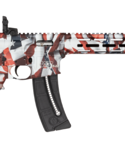 Smith & Wesson M&P15-22 Sport .22 LR rifle with a 16.5-inch threaded carbon steel barrel, American Flag Cerakote finish, CAR stock, Picatinny rail, and 25-round magazine.