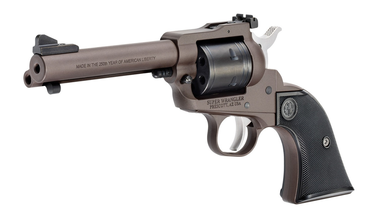 Ruger Super Wrangler America's 250th Anniversary Edition single-action revolver chambered in .22 LR and .22 WMR with a 4.62-inch barrel, Dark Bronze Cerakote finish, commemorative engraving, and 6-round cylinder.
