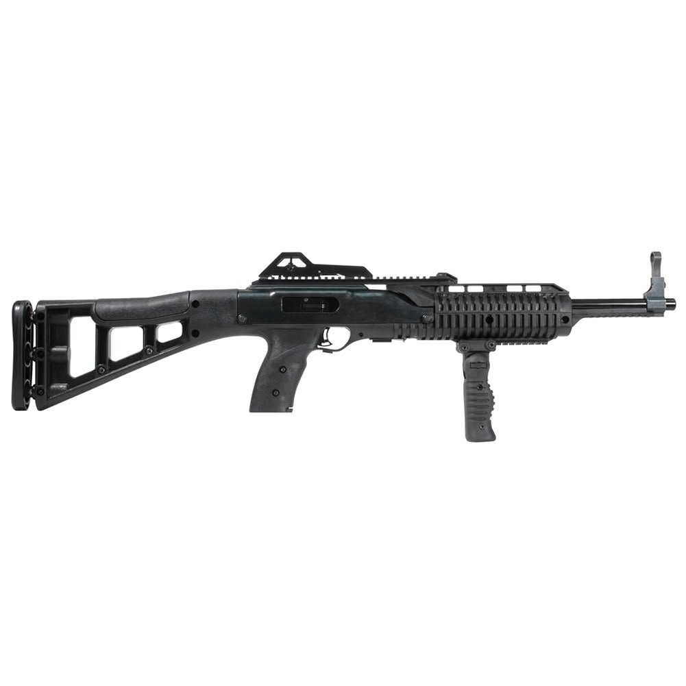 Hi-Point 995 semi-automatic 9mm carbine with a 16-inch barrel, black polymer stock, forward folding grip, adjustable sights, and 10-round magazine.