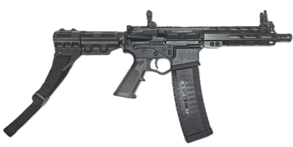 ATI Alpha Maxx AR-15 pistol chambered in 5.56 NATO with a 7.5-inch barrel, aluminum M-LOK handguard, flip-up sights, TB Blade Brace, and 60-round magazine.