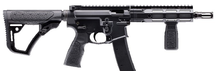 Daniel Defense PCC AR-15 SBR chambered in 9mm featuring an 8.3-inch barrel, M-LOK handguard, Picatinny rail, adjustable stock, vertical foregrip, and 30-round magazine.