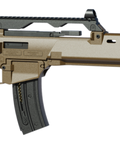 HK G36 semi-automatic .22 LR rifle with an 18.13-inch barrel, flash suppressor, Flat Dark Earth receiver, folding synthetic stock, Picatinny rail, and 20-round magazine.