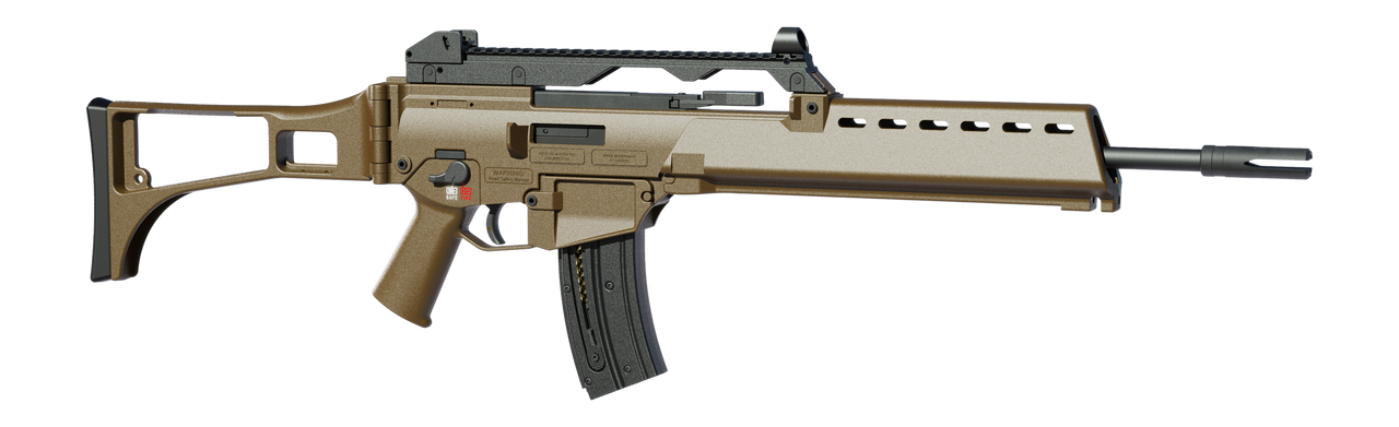HK G36 semi-automatic .22 LR rifle with an 18.13-inch barrel, flash suppressor, Flat Dark Earth receiver, folding synthetic stock, Picatinny rail, and 20-round magazine.