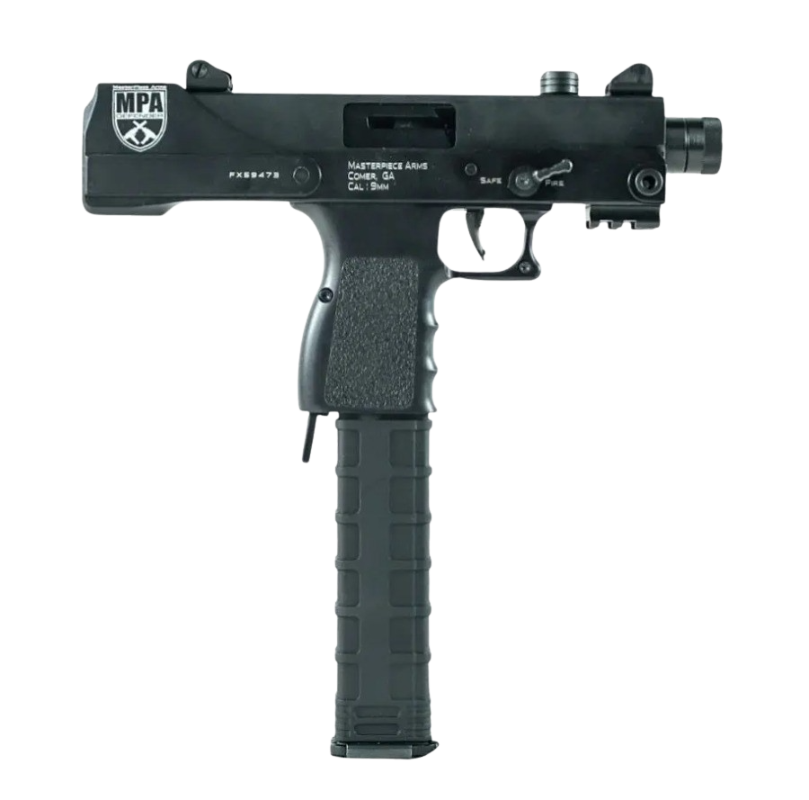 MasterPiece Arms 30T Defender 9mm top-cocking semi-automatic pistol with a 5.5-inch threaded barrel, adjustable sights, and 30-round magazine.