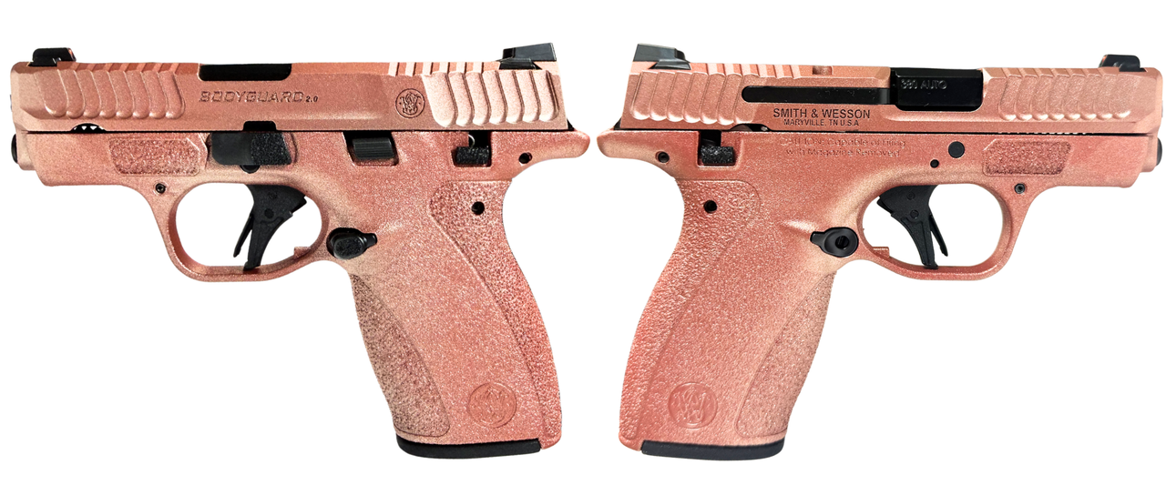 Smith & Wesson M&P Bodyguard 2.0 micro-compact pistol chambered in .380 ACP featuring a Rose Gold Hi Gloss finish, manual safety, 2.75-inch barrel, and 12-round magazine.