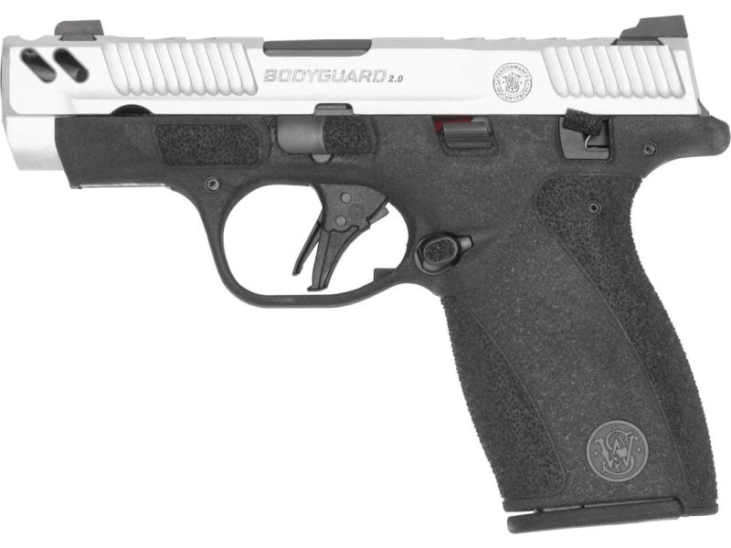 Smith & Wesson Bodyguard 2.0 .380 ACP micro-compact pistol with a 3.1-inch compensated barrel, stainless steel slide, black polymer frame, manual safety, and 12+1 capacity.