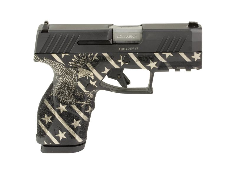 Taurus GX2 9mm compact semi-automatic pistol featuring a custom American Eagle engraved frame, 3.38-inch barrel, polymer frame, and 13-round magazine.