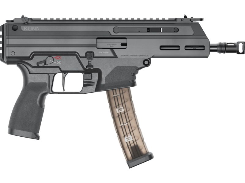 Springfield Armory Kuna 9mm semi-automatic pistol with 6-inch threaded barrel, roller-delayed operating system, Picatinny rail and 30-round magazine.