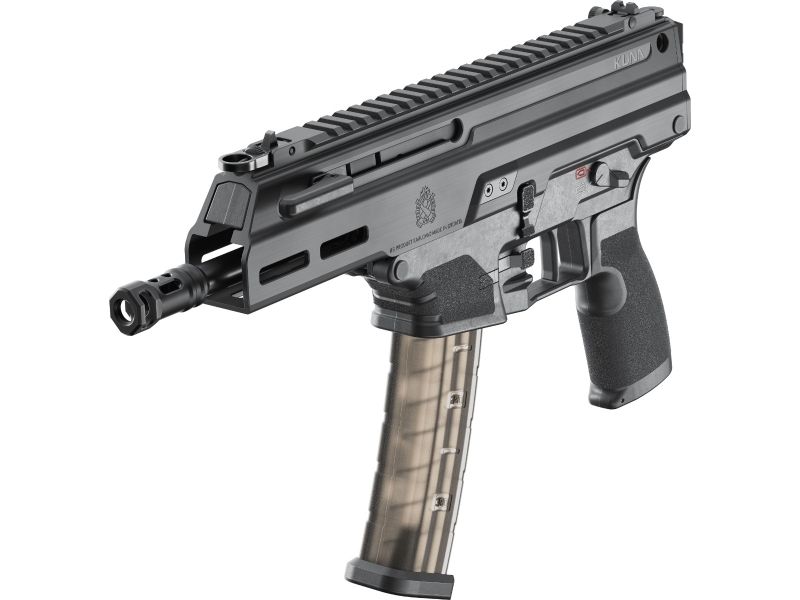 Springfield Armory Kuna 9mm semi-automatic pistol with 6-inch threaded barrel, roller-delayed operating system, Picatinny rail and 30-round magazine.