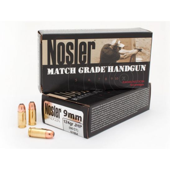 Nosler 9mm Luger 124 grain JHP 50 round ammunition package