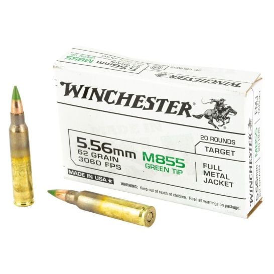 Winchester M855 5.56mm 62 grain FMJ green tip ammunition