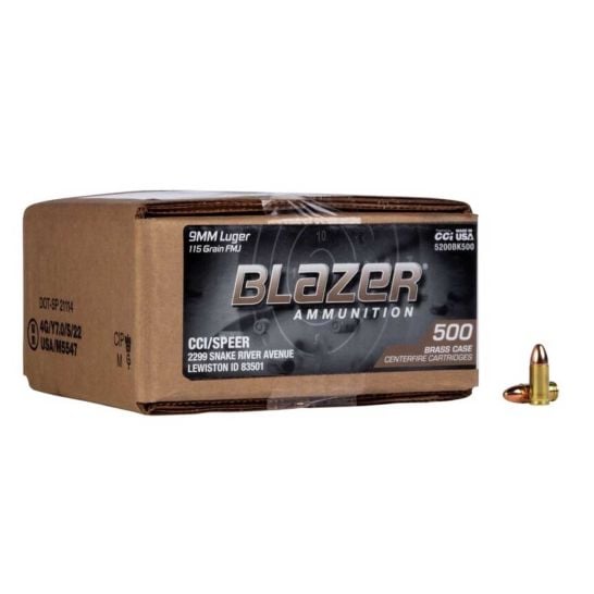 CCI Blazer Brass 9mm 115 grain FMJ 500 round ammunition package