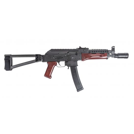 PSA AK-V 9mm Triangle Folding Pistol with Redwood-style furniture and cheese-grater upper handguard
