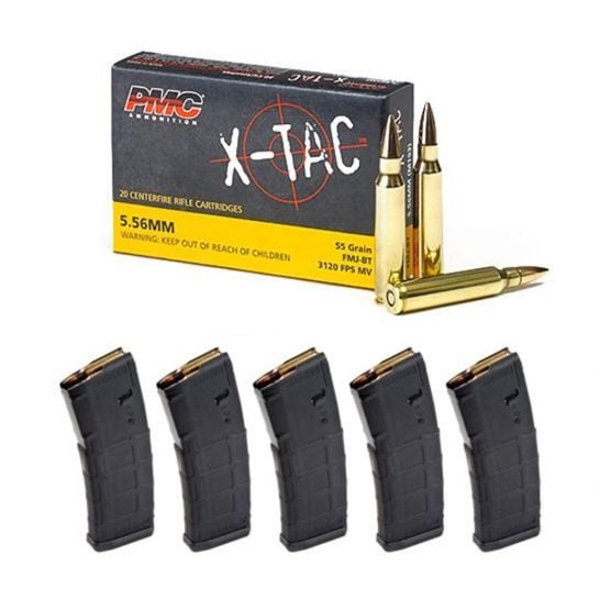 PMC X-TAC 5.56mm ammunition box pictured with five Magpul PMAG magazine
